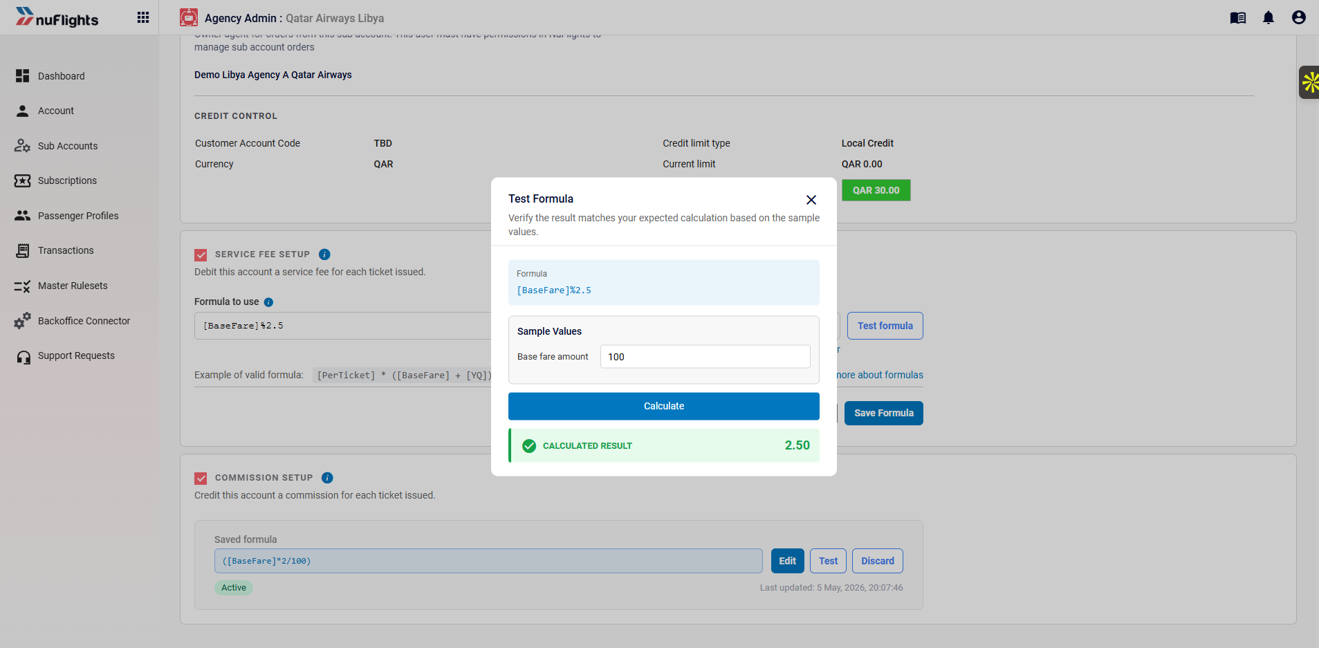 Test Formula pop-up with sample token values and the calculated result