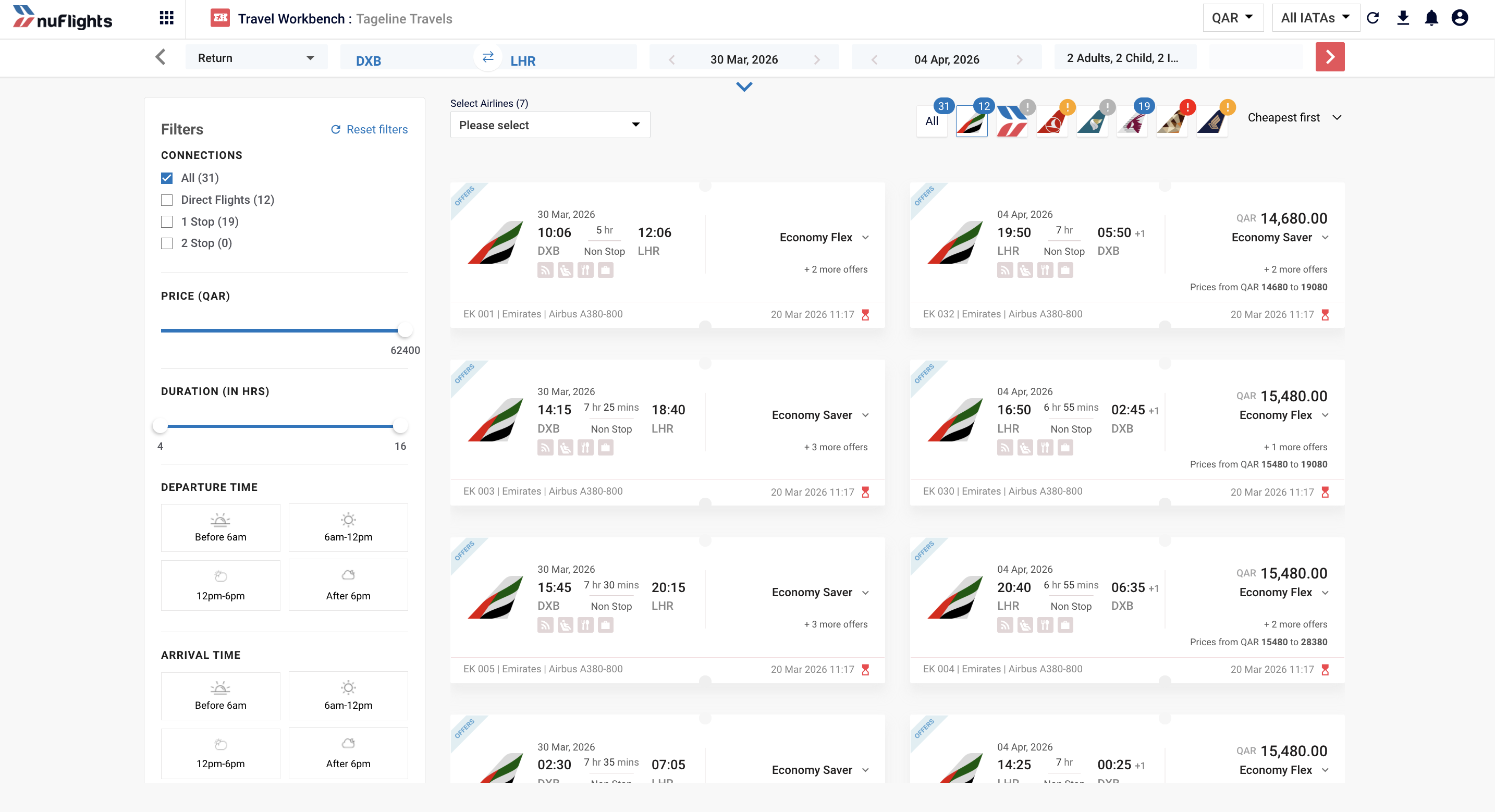 Search results page showing airline offer counts and the sort toggle