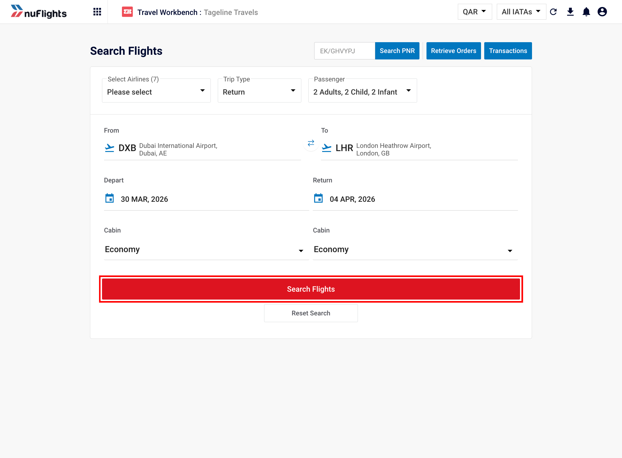 Search form with all fields filled in