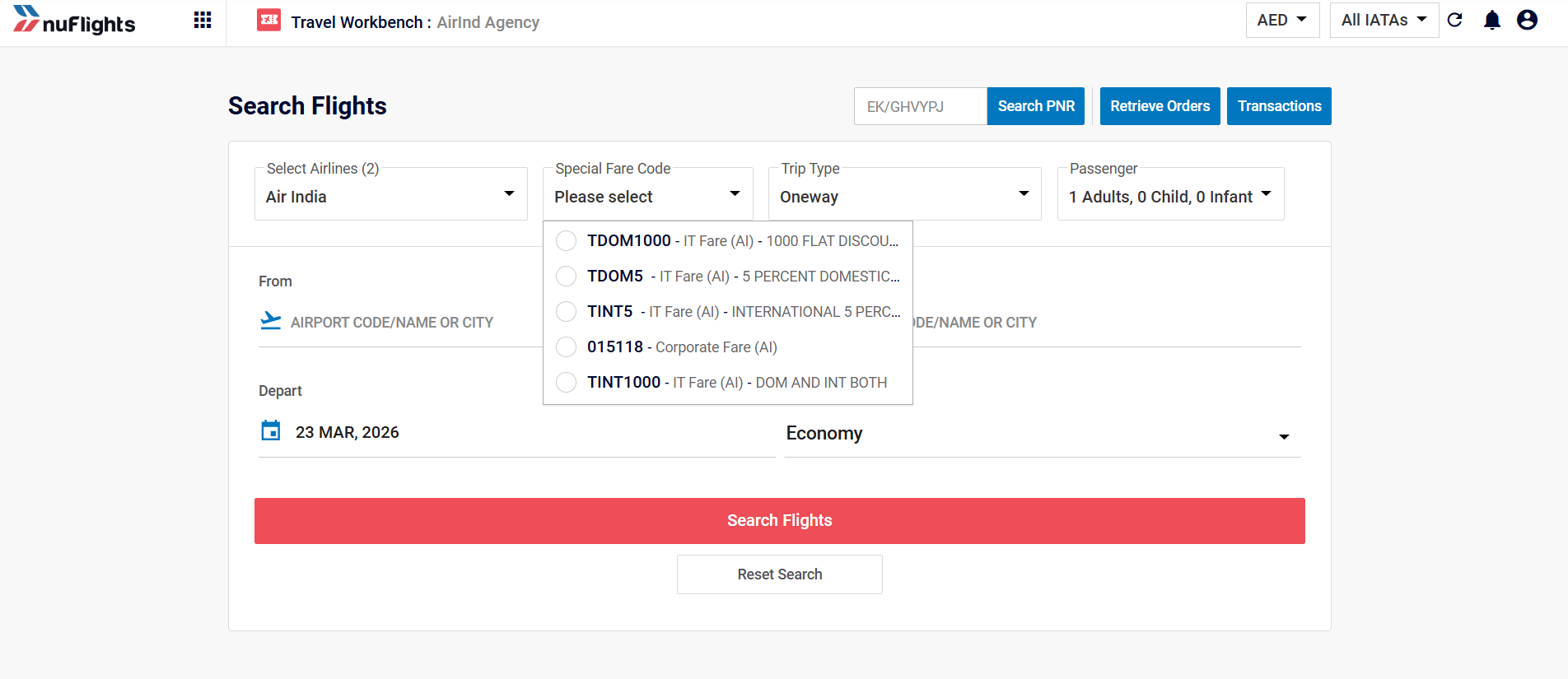 Travel Workbench Special Fare Search