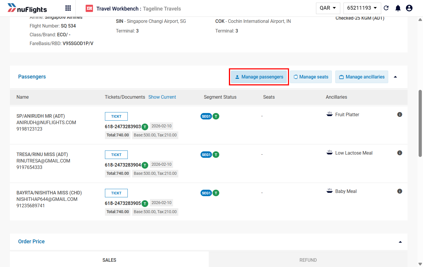 Manage Passengers button in the passenger details section