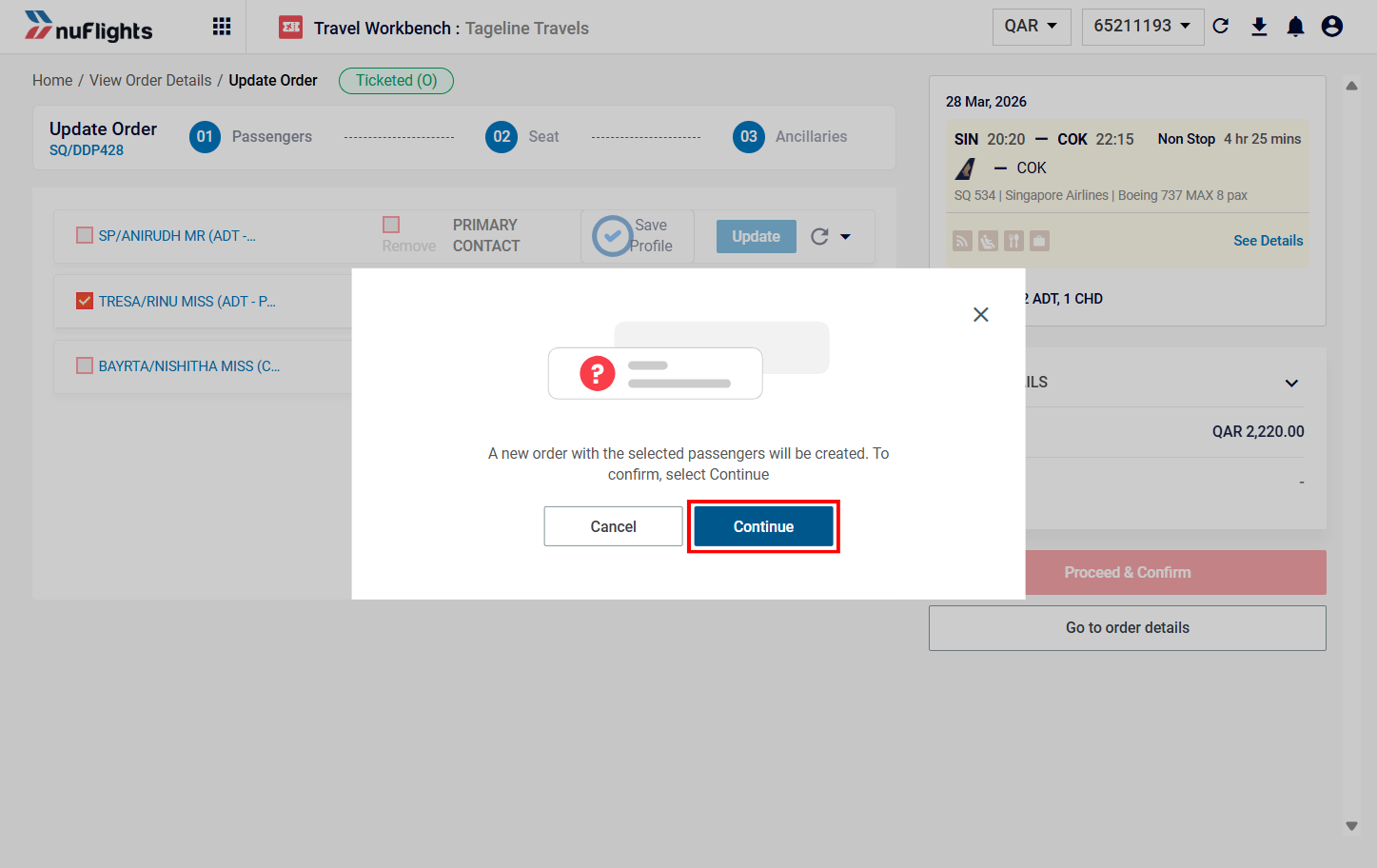 Checkbox selection for a passenger and the 'Split Order' button