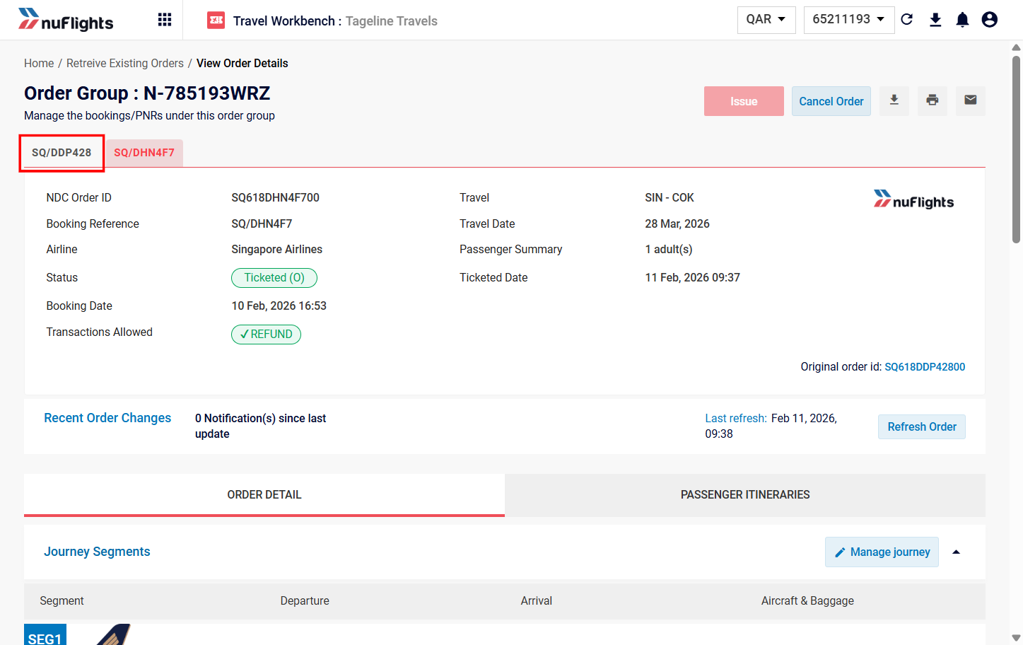 View showing the original order and potentially the link/nav to the new order