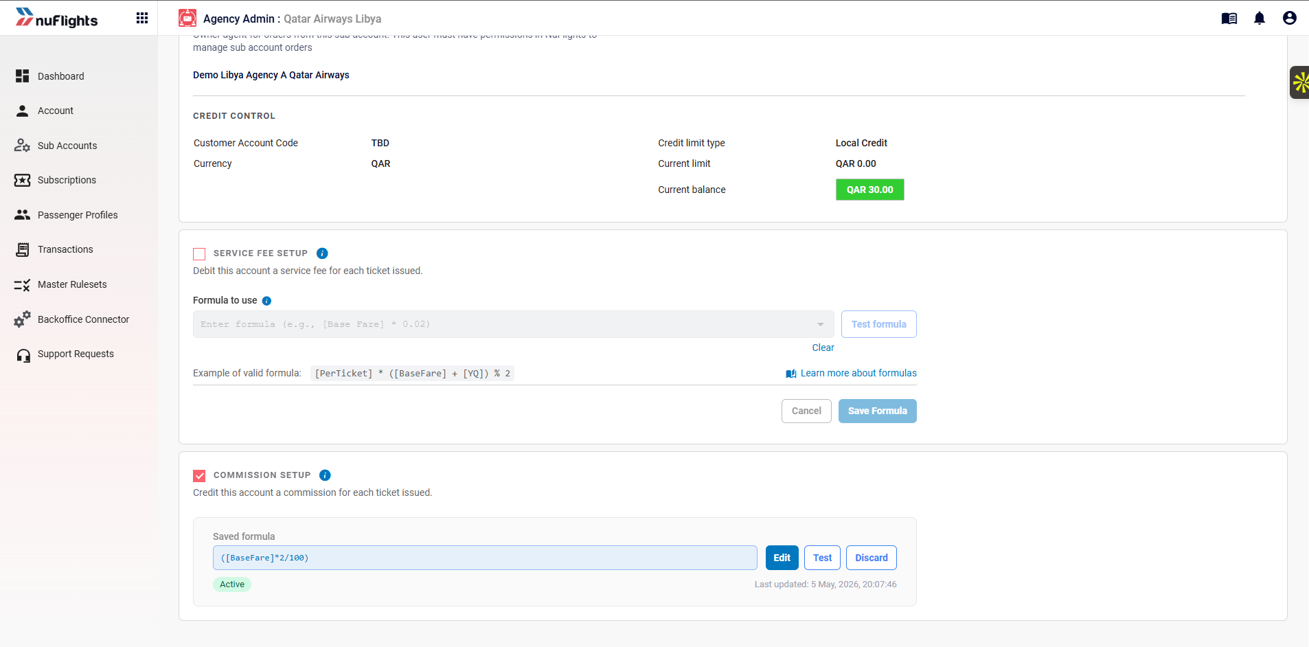 Sub agency Account tab showing the SERVICE FEE SETUP and COMMISSION SETUP sections