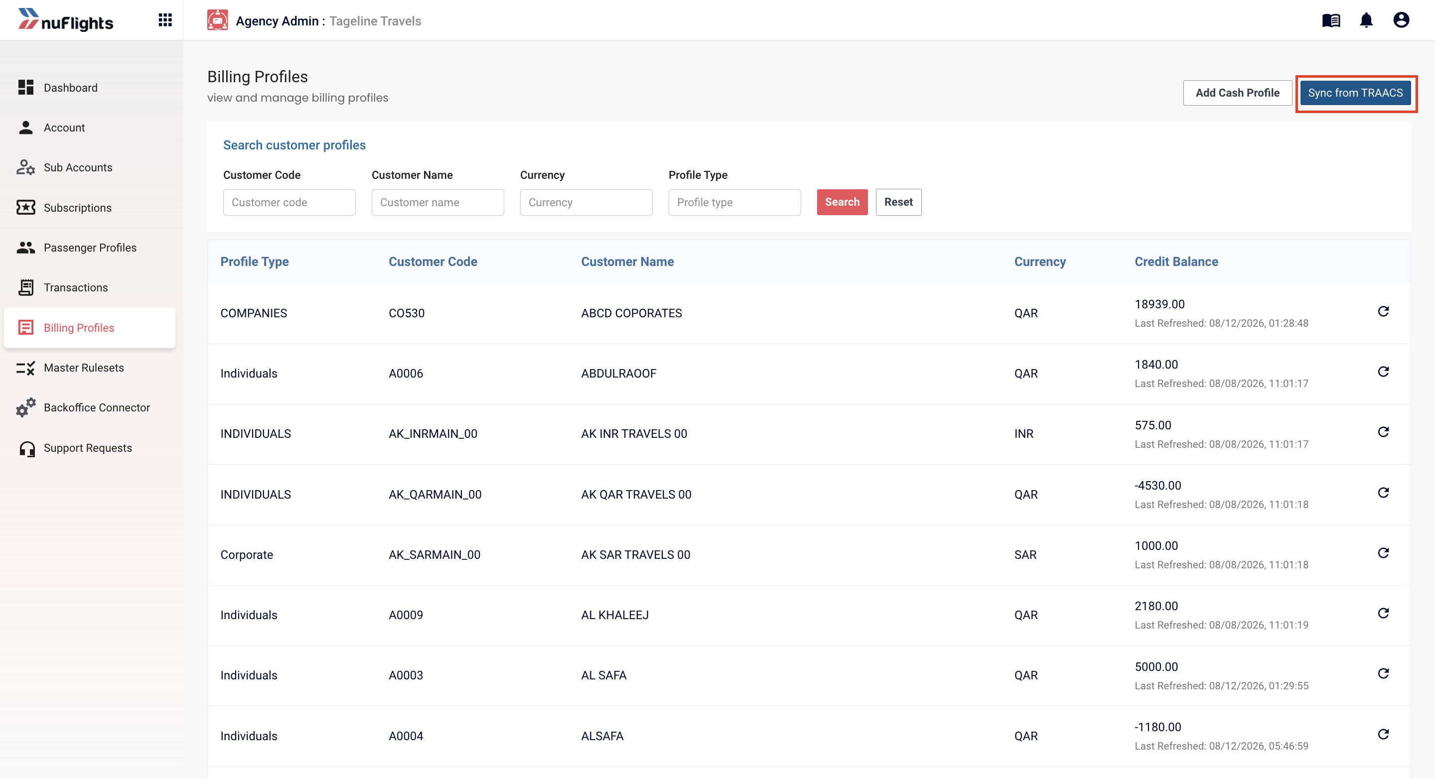 Billing Profiles page with the Sync from TRAACS and Add Cash Profile buttons in the top-right corner
