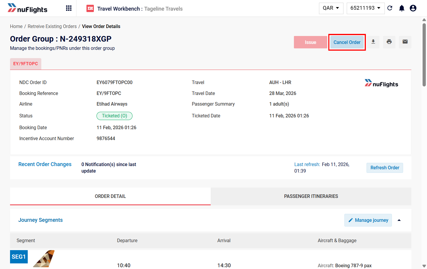 Cancel Order button on the ticketed order details page