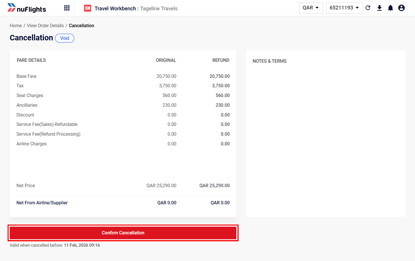 Cancellation screen showing 'Void Cancellation' status and full refund amount